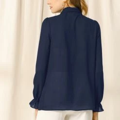 Women Allegra K Button Down Long Sleeve Elastic Cuff Ruffle Detail Blouse