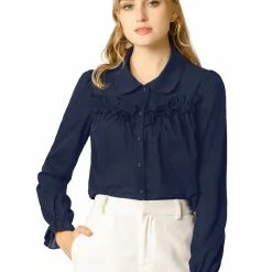 Women Allegra K Button Down Long Sleeve Elastic Cuff Ruffle Detail Blouse