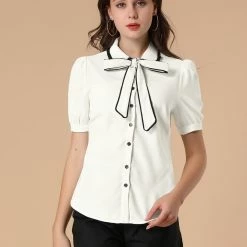 Allegra K Women's Peter Pan Collar Puff Short Sleeve Tie Neck Work Tops