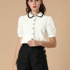Allegra K Women's Peter Pan Collar Puff Short Sleeve Tie Neck Work Tops