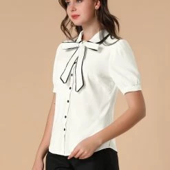 Allegra K Women's Peter Pan Collar Puff Short Sleeve Tie Neck Work Tops