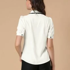 Allegra K Women's Peter Pan Collar Puff Short Sleeve Tie Neck Work Tops