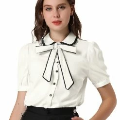 Allegra K Women's Peter Pan Collar Puff Short Sleeve Tie Neck Work Tops