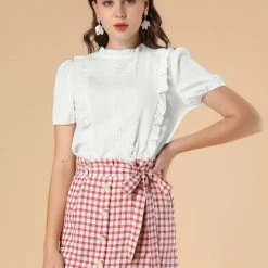 Allegra K Women's Mock Neck Ruffle Short Sleeve Crochet Lace Work Office Blouse