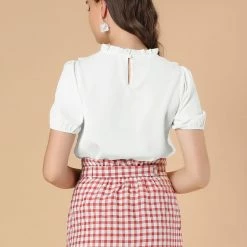 Allegra K Women's Mock Neck Ruffle Short Sleeve Crochet Lace Work Office Blouse