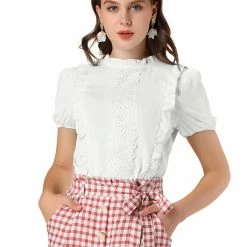 Allegra K Women's Mock Neck Ruffle Short Sleeve Crochet Lace Work Office Blouse