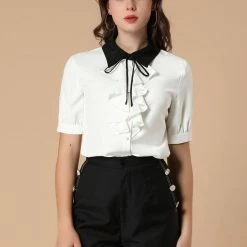 Allegra K Women's Contrast Collar Tie Ruffle Front Button Short Sleeve Work Shirt