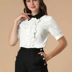 Allegra K Women's Contrast Collar Tie Ruffle Front Button Short Sleeve Work Shirt
