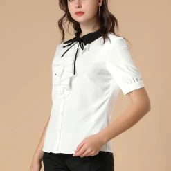 Allegra K Women's Contrast Collar Tie Ruffle Front Button Short Sleeve Work Shirt