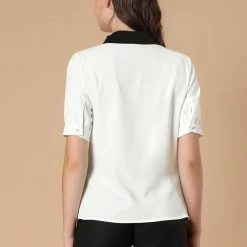 Allegra K Women's Contrast Collar Tie Ruffle Front Button Short Sleeve Work Shirt