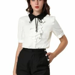 Allegra K Women's Contrast Collar Tie Ruffle Front Button Short Sleeve Work Shirt