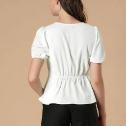 Allegra K Women's V Neck Short Puff Sleeve Wrap Peplum Top