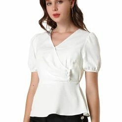 Allegra K Women's V Neck Short Puff Sleeve Wrap Peplum Top