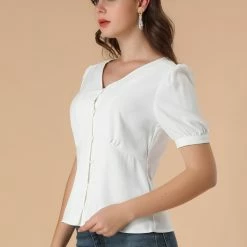 Allegra K Women's V Neck Office Button Front Puff Sleeves Blouse Top 13 Allegra K Women's V Neck Office Button Front Puff Sleeves Blouse Top