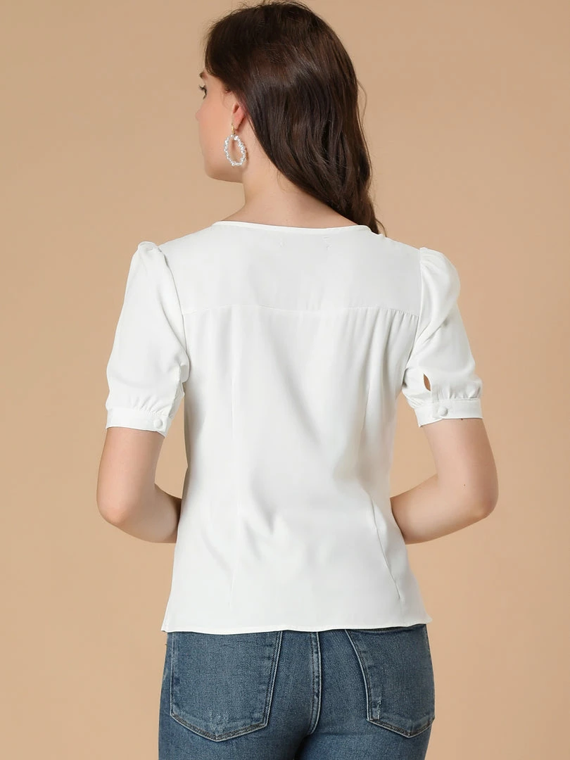 Allegra K Women's V Neck Office Button Front Puff Sleeves Blouse Top 8 Allegra K Women's V Neck Office Button Front Puff Sleeves Blouse Top