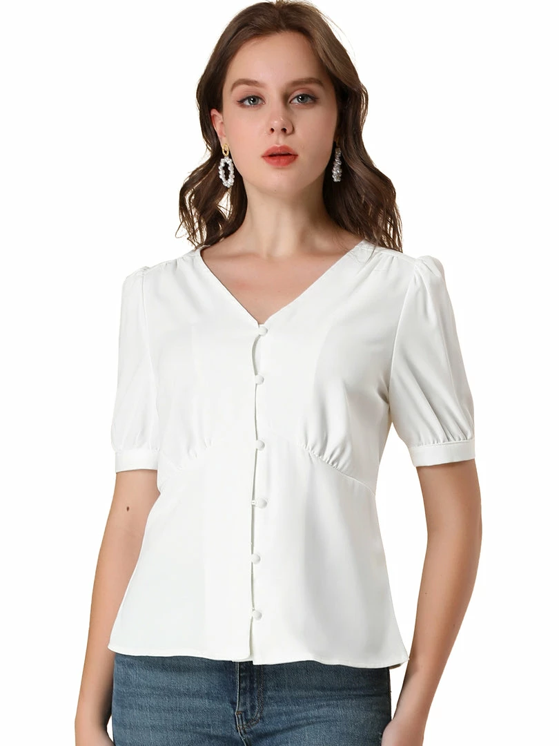 Allegra K Women's V Neck Office Button Front Puff Sleeves Blouse Top 4 Allegra K Women's V Neck Office Button Front Puff Sleeves Blouse Top