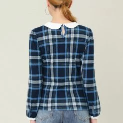 Allegra K Women's Peter Pan Collar Contrast Puff Sleeve Plaid Shirt Blouse