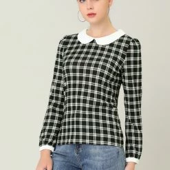 Allegra K Women's Peter Pan Collar Contrast Puff Sleeve Plaid Shirt Blouse