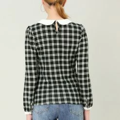 Allegra K Women's Peter Pan Collar Contrast Puff Sleeve Plaid Shirt Blouse
