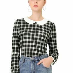 Allegra K Women's Peter Pan Collar Contrast Puff Sleeve Plaid Shirt Blouse