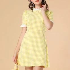 Allegra K Women's Ruffle Neck Contrast Panel Color Vintage Short Sleeve Dress