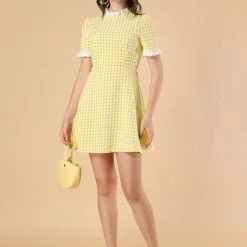 Allegra K Women's Ruffle Neck Contrast Panel Color Vintage Short Sleeve Dress