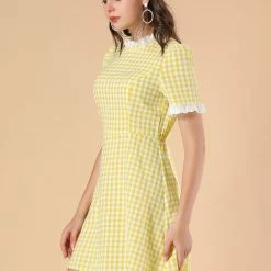 Allegra K Women's Ruffle Neck Contrast Panel Color Vintage Short Sleeve Dress