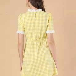 Allegra K Women's Ruffle Neck Contrast Panel Color Vintage Short Sleeve Dress