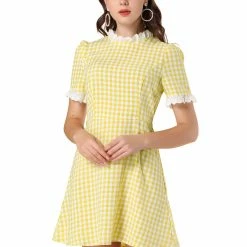 Allegra K Women's Ruffle Neck Contrast Panel Color Vintage Short Sleeve Dress