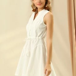 Allegra K Women's Mock Neck Sleeveless Cotton Tie A-line Dress