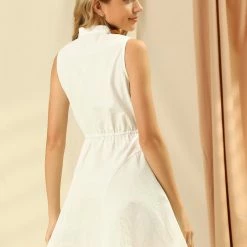 Allegra K Women's Mock Neck Sleeveless Cotton Tie A-line Dress