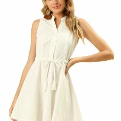 Allegra K Women's Mock Neck Sleeveless Cotton Tie A-line Dress