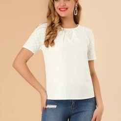 Allegra K Women's Casual Summer Contrast Panel Short Sleeve Cotton Top Blouse 12 Allegra K Women's Casual Summer Contrast Panel Short Sleeve Cotton Top Blouse