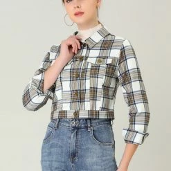 Allegra K Women Classic Vintage Button Front Closure Chest Pocket Plaid Crop Jacket