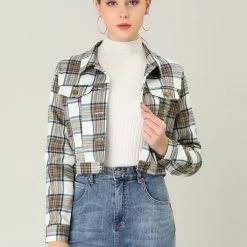 Allegra K Women Classic Vintage Button Front Closure Chest Pocket Plaid Crop Jacket