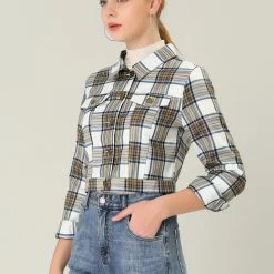 Allegra K Women Classic Vintage Button Front Closure Chest Pocket Plaid Crop Jacket