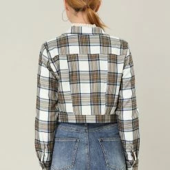 Allegra K Women Classic Vintage Button Front Closure Chest Pocket Plaid Crop Jacket