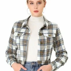 Allegra K Women Classic Vintage Button Front Closure Chest Pocket Plaid Crop Jacket