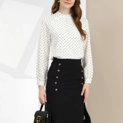 Allegra K Women's High Collar Long Sleeve Blouse Polka Dots Chiffon Office Spring Top Shirt