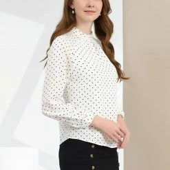 Allegra K Women's High Collar Long Sleeve Blouse Polka Dots Chiffon Office Spring Top Shirt