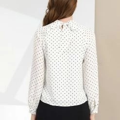 Allegra K Women's High Collar Long Sleeve Blouse Polka Dots Chiffon Office Spring Top Shirt