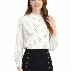 Allegra K Women's High Collar Long Sleeve Blouse Polka Dots Chiffon Office Spring Top Shirt