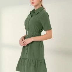 Allegra K Women's Belted Ruffled Hem Button-Down Cotton Safari Shirt Dress