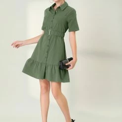 Allegra K Women's Belted Ruffled Hem Button-Down Cotton Safari Shirt Dress
