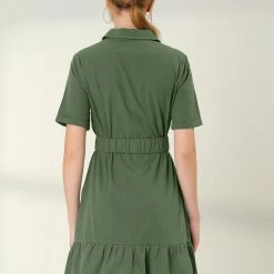 Allegra K Women's Belted Ruffled Hem Button-Down Cotton Safari Shirt Dress