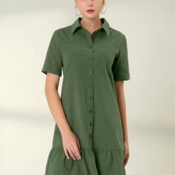 Allegra K Women's Belted Ruffled Hem Button-Down Cotton Safari Shirt Dress