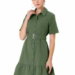 Allegra K Women's Belted Ruffled Hem Button-Down Cotton Safari Shirt Dress