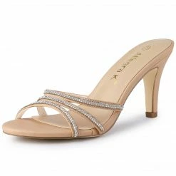 Allegra K Shoes Women's Rhinestone Strappy Heel Mules