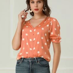 Allegra K Women's Satin Blouse V Neck Polka Dots Print Button Down Puff Sleeve Top Shirt