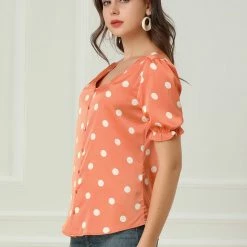 Allegra K Women's Satin Blouse V Neck Polka Dots Print Button Down Puff Sleeve Top Shirt
